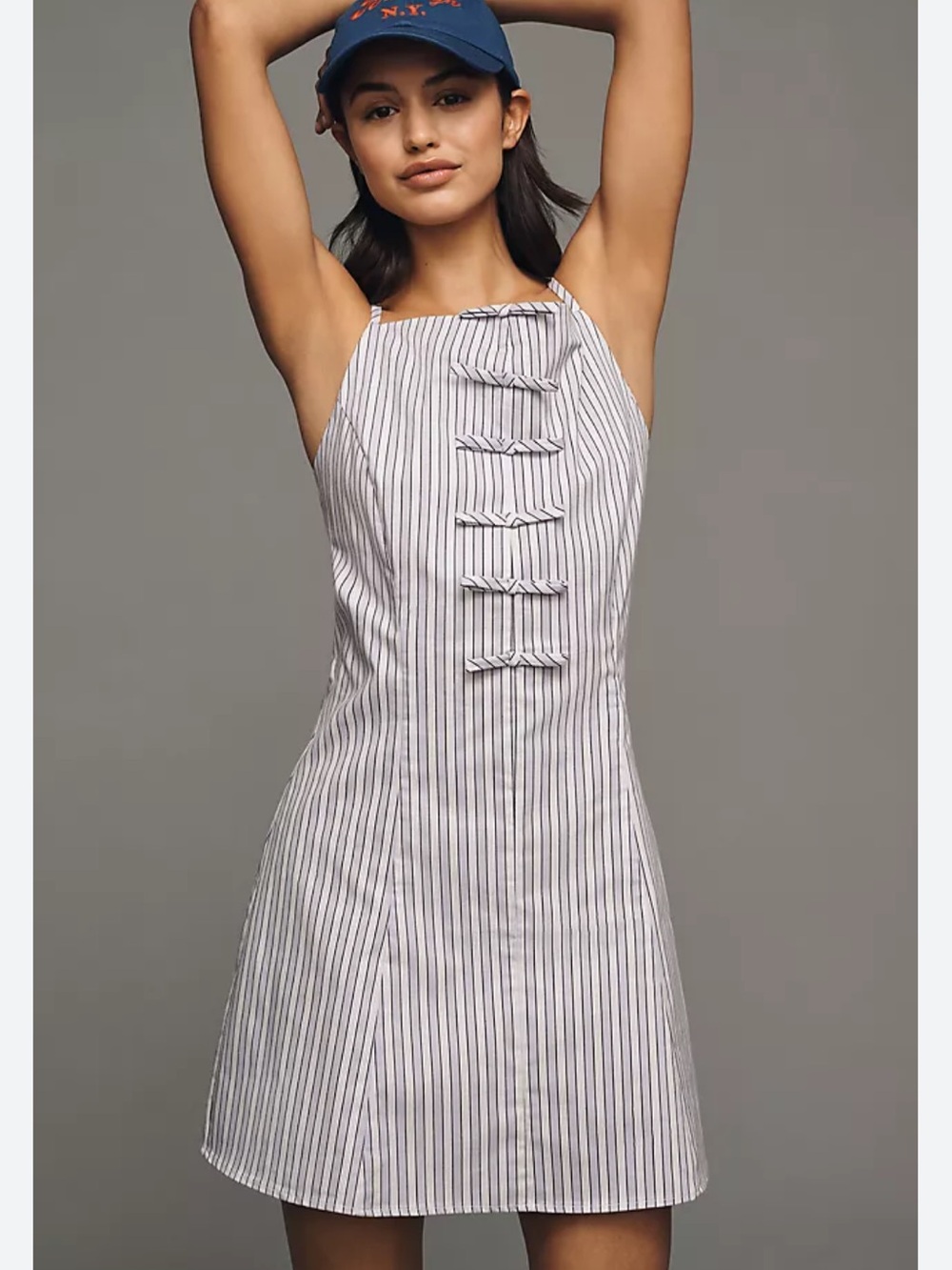 Anthropologie Exquise High Neck Bow Purple Stripe Dress